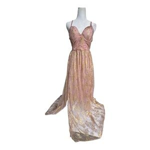 Ariana Grande Style Pink Gold Glitter Bustier Maxi Dress Gown